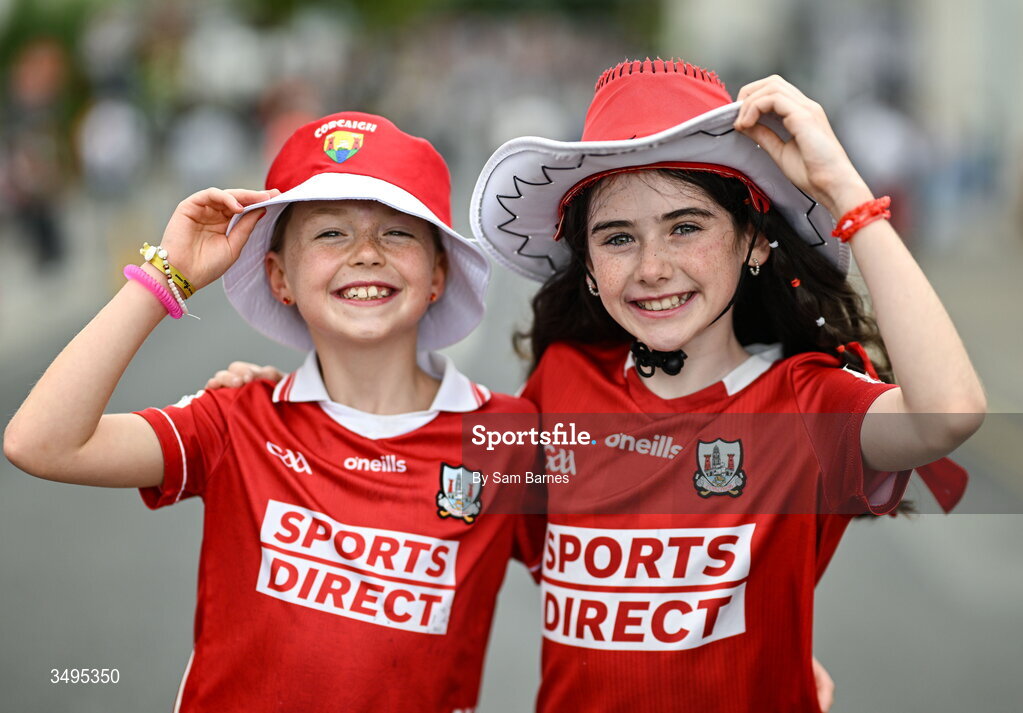 27 June 2026; Marykate Hallahan, aged 11, left, and Ruby Ní Thuama, aged 11, from Ballybourney, Cork, during the GAA Football All-Ireland Senior Championship quarter-final match between Cork and Mayo at Croke Park in Dublin. Photo by Sam Barnes/Sportsfile