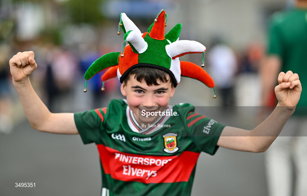 27 June 2026; Mayo supporter James Jordan, aged 9, from Ballintubber, Mayo, before the GAA Football All-Ireland Senior Championship quarter-final match between Cork and Mayo at Croke Park in Dublin. Photo by Sam Barnes/Sportsfile