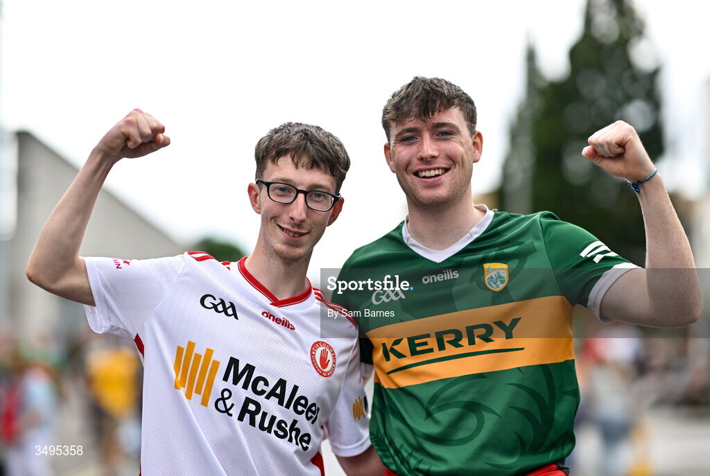 27 June 2026; Tyrone supporter Cainan McGill and Kerry supporter Jack McMullan before the GAA Football All-Ireland Senior Championship quarter-final match between Kerry and Tyrone at Croke Park in Dublin. Photo by Sam Barnes/Sportsfile