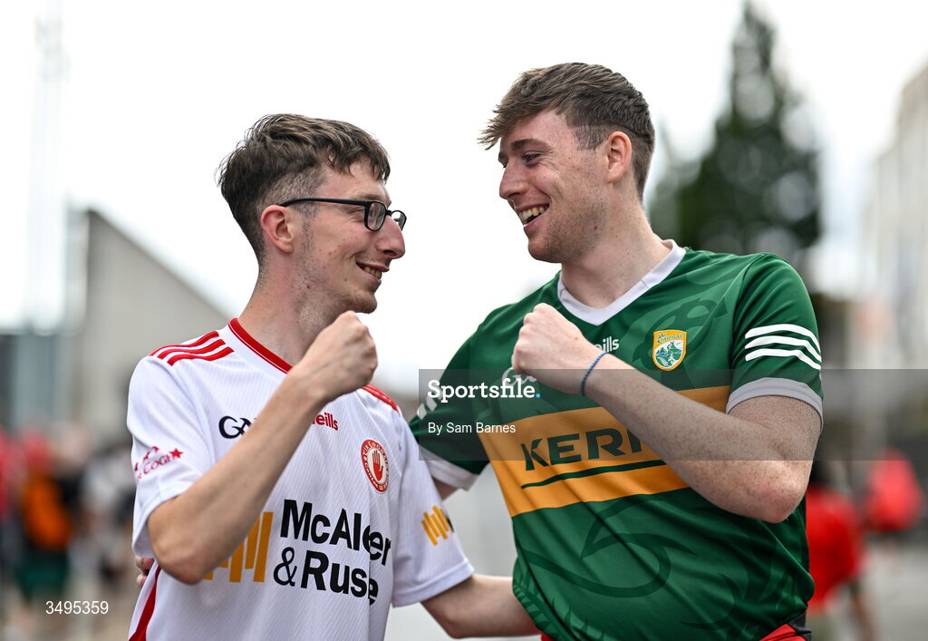 27 June 2026; Tyrone supporter Cainan McGill and Kerry supporter Jack McMullan before the GAA Football All-Ireland Senior Championship quarter-final match between Kerry and Tyrone at Croke Park in Dublin. Photo by Sam Barnes/Sportsfile