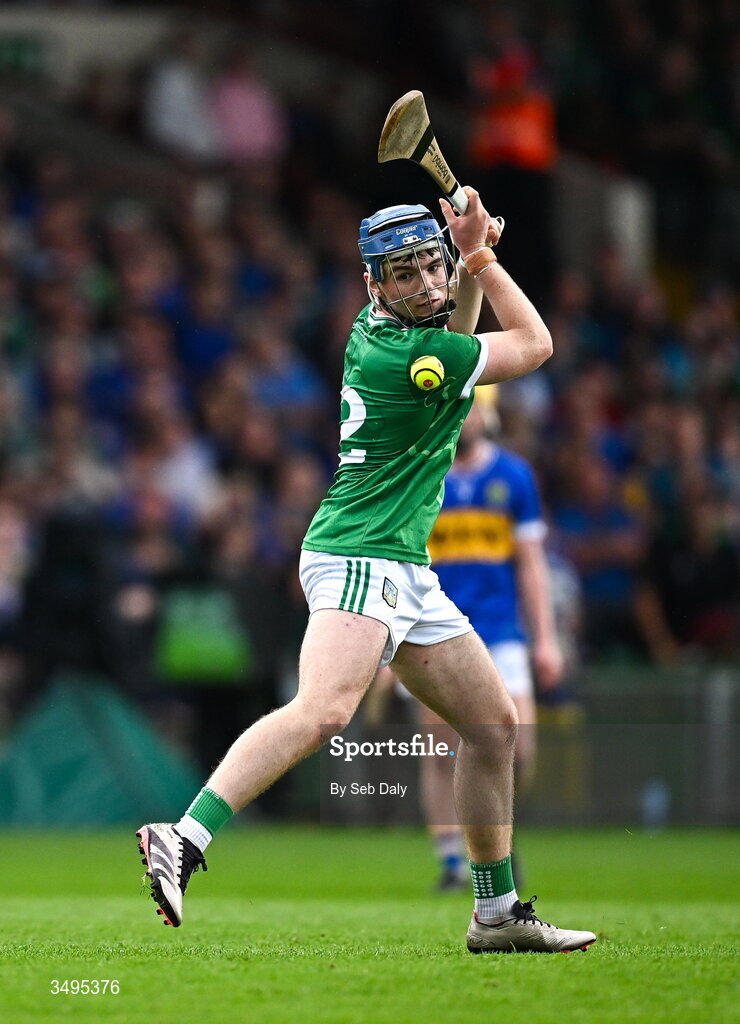 27 June 2026; Shane Waters of Limerick scores his side's first goal, from a penalty, during the Electric Ireland All-Ireland Minor Hurling Championship final match between Limerick and Tipperary at TUS Gaelic Grounds in Limerick. Photo by Seb Daly/Sportsfile