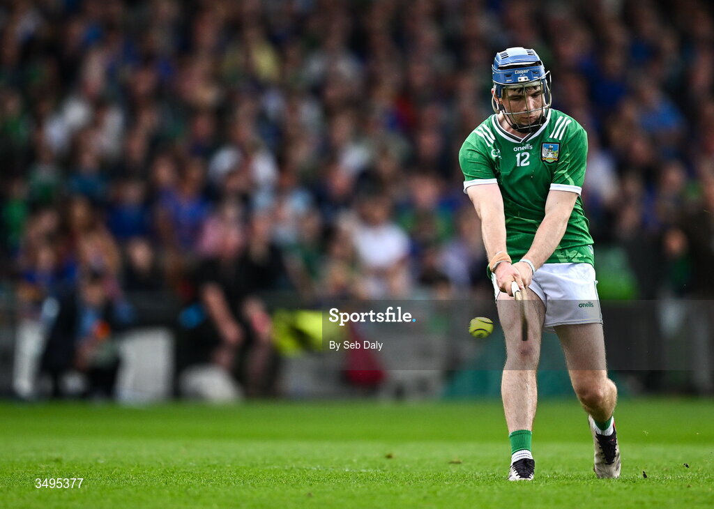 27 June 2026; Shane Waters of Limerick scores his side's first goal, from a penalty, during the Electric Ireland All-Ireland Minor Hurling Championship final match between Limerick and Tipperary at TUS Gaelic Grounds in Limerick. Photo by Seb Daly/Sportsfile
