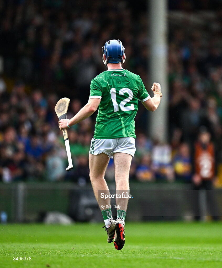 27 June 2026; Shane Waters of Limerick celebrates after scoring his side's first goal, a penalty, during the Electric Ireland All-Ireland Minor Hurling Championship final match between Limerick and Tipperary at TUS Gaelic Grounds in Limerick. Photo by Seb Daly/Sportsfile