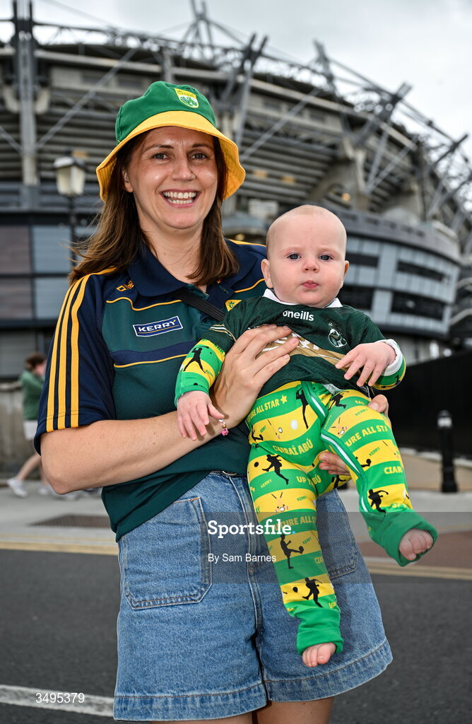 27 June 2026; Kerry supporter Maria Cassidy, and Caoimhín Cassidy, aged 6 months, from Listowel, Kerry, before the GAA Football All-Ireland Senior Championship quarter-final match between Kerry and Tyrone at Croke Park in Dublin. Photo by Sam Barnes/Sportsfile