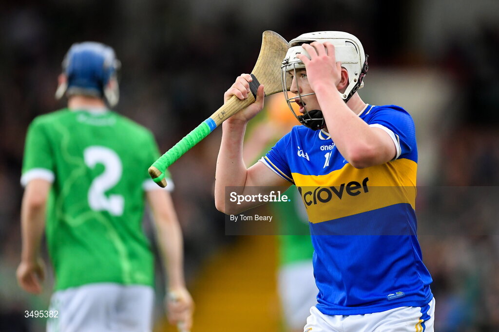 27 June 2026; Conall Morrisson of Tipperary reacts after a missed opportunity on goal during the Electric Ireland All-Ireland Minor Hurling Championship final match between Limerick and Tipperary at TUS Gaelic Grounds in Limerick. Photo by Tom Beary/Sportsfile