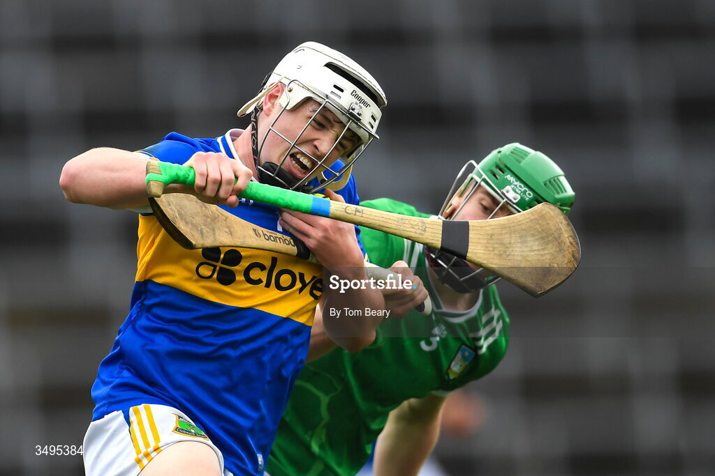 27 June 2026; Conall Morrisson of Tipperary is tackled by William Ryan of Limerick during the Electric Ireland All-Ireland Minor Hurling Championship final match between Limerick and Tipperary at TUS Gaelic Grounds in Limerick. Photo by Tom Beary/Sportsfile