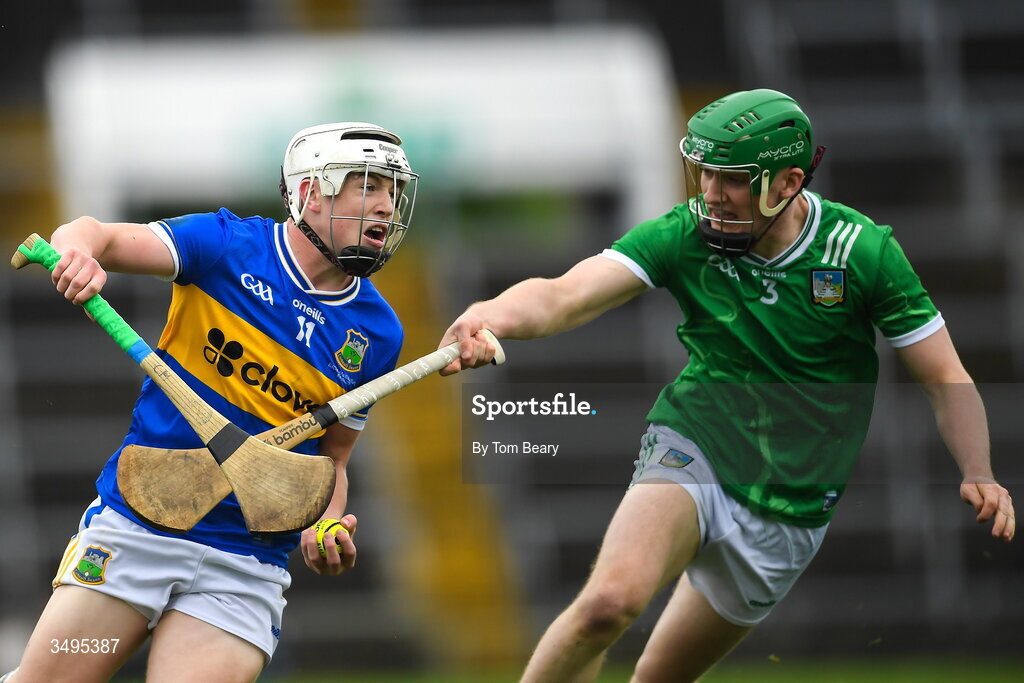 27 June 2026; Conall Morrisson of Tipperary is tackled by William Ryan of Limerick during the Electric Ireland All-Ireland Minor Hurling Championship final match between Limerick and Tipperary at TUS Gaelic Grounds in Limerick. Photo by Tom Beary/Sportsfile