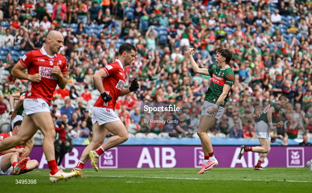 27 June 2026; Kobe McDonald of Mayo celebrates after scoring his side's opening point during the GAA Football All-Ireland Senior Championship quarter-final match between Cork and Mayo at Croke Park in Dublin. Photo by Ramsey Cardy/Sportsfile