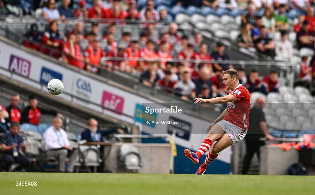 27 June 2026; Steven Sherlock of Cork kicks a free during the GAA Football All-Ireland Senior Championship quarter-final match between Cork and Mayo at Croke Park in Dublin. Photo by Ben McShane/Sportsfile