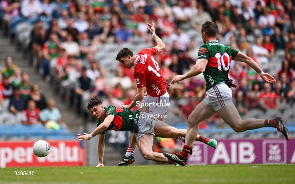 27 June 2026; Chris Óg Jones of Cork has a shot on goal despite the attention of Eoin McGreal of Mayo during the GAA Football All-Ireland Senior Championship quarter-final match between Cork and Mayo at Croke Park in Dublin. Photo by Ben McShane/Sportsfile