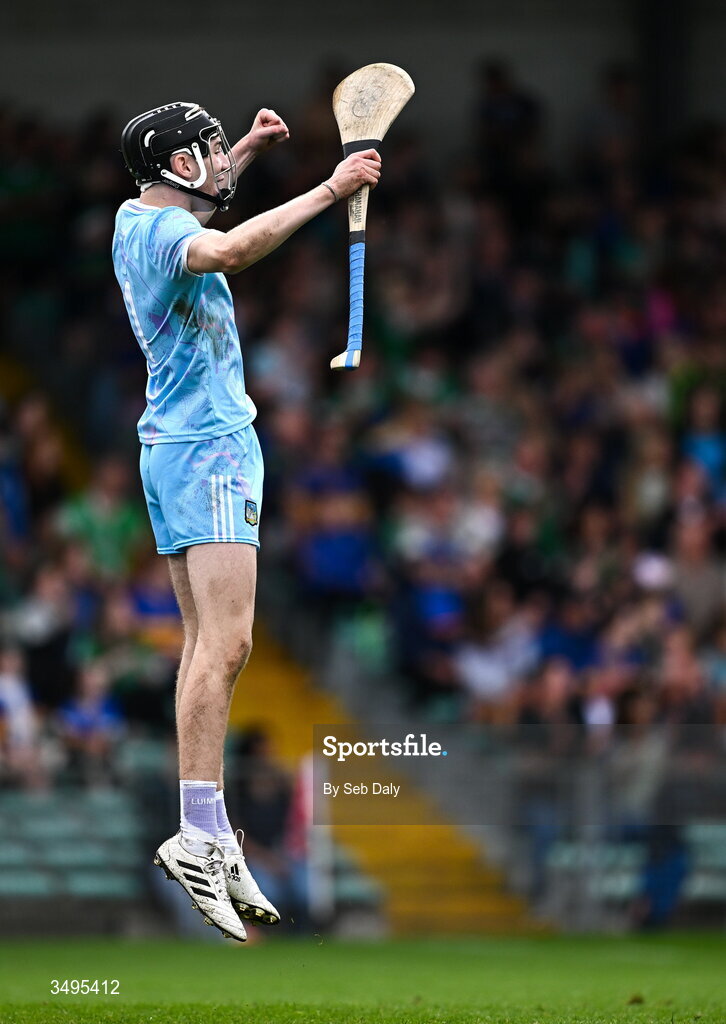 27 June 2026; Limerick goalkeeper Sam Collins celebrates his side scoring a point during the Electric Ireland All-Ireland Minor Hurling Championship final match between Limerick and Tipperary at TUS Gaelic Grounds in Limerick. Photo by Seb Daly/Sportsfile