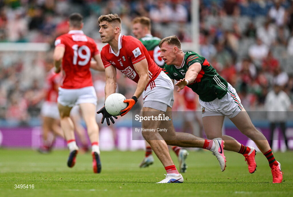 27 June 2026; Ian Maguire of Cork in action against Ryan O'Donoghue of Mayo during the GAA Football All-Ireland Senior Championship quarter-final match between Cork and Mayo at Croke Park in Dublin. Photo by Ramsey Cardy/Sportsfile