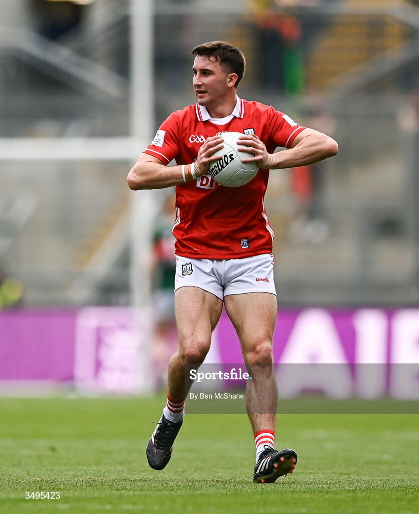 27 June 2026; Chris Óg Jones of Cork checks the pressure of the ball, while in possession, during the GAA Football All-Ireland Senior Championship quarter-final match between Cork and Mayo at Croke Park in Dublin. Photo by Ben McShane/Sportsfile