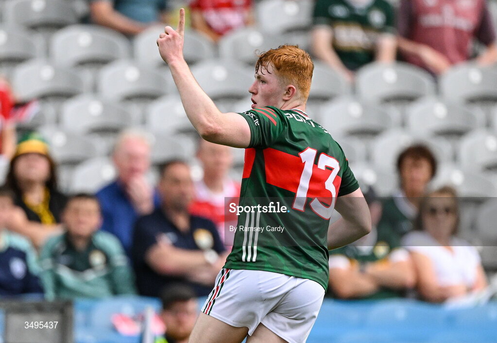 27 June 2026; Darragh Beirne of Mayo celebrates scoring a point during the GAA Football All-Ireland Senior Championship quarter-final match between Cork and Mayo at Croke Park in Dublin. Photo by Ramsey Cardy/Sportsfile
