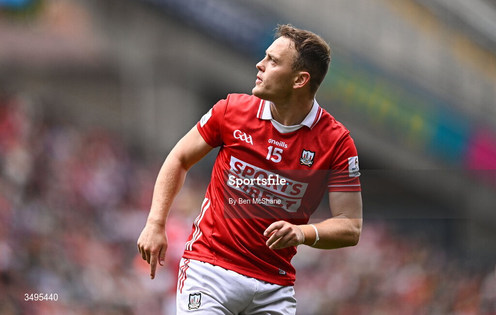 27 June 2026; Steven Sherlock of Cork looks on after kicking a point during the GAA Football All-Ireland Senior Championship quarter-final match between Cork and Mayo at Croke Park in Dublin. Photo by Ben McShane/Sportsfile