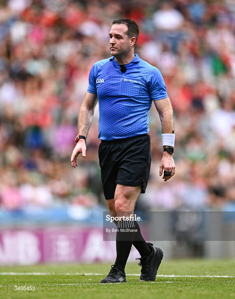 27 June 2026; Referee Martin McNally during the GAA Football All-Ireland Senior Championship quarter-final match between Cork and Mayo at Croke Park in Dublin. Photo by Ben McShane/Sportsfile
