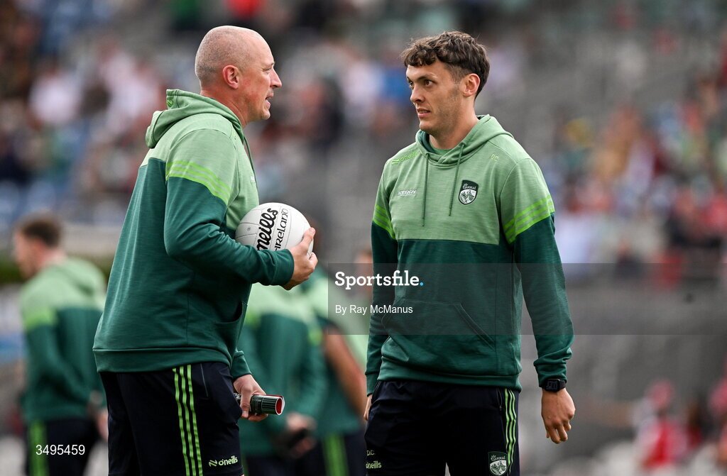 27 June 2026; Kerry coach Kieran Donaghy and David Clifford of Kerry in conversation as they walk the pitch in advance of the GAA Football All-Ireland Senior Championship quarter-final match between Kerry and Tyrone at Croke Park in Dublin. Photo by Ray McManus/Sportsfile
