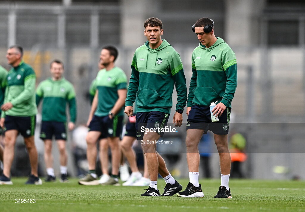 27 June 2026; David Clifford, left, and Joe O'Connor of Kerry before the GAA Football All-Ireland Senior Championship quarter-final match between Kerry and Tyrone at Croke Park in Dublin. Photo by Ben McShane/Sportsfile
