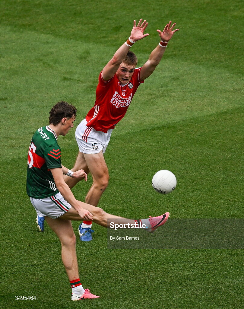 27 June 2026; Kobe McDonald of Mayo in action against Tommy Walsh of Cork during the GAA Football All-Ireland Senior Championship quarter-final match between Cork and Mayo at Croke Park in Dublin. Photo by Sam Barnes/Sportsfile