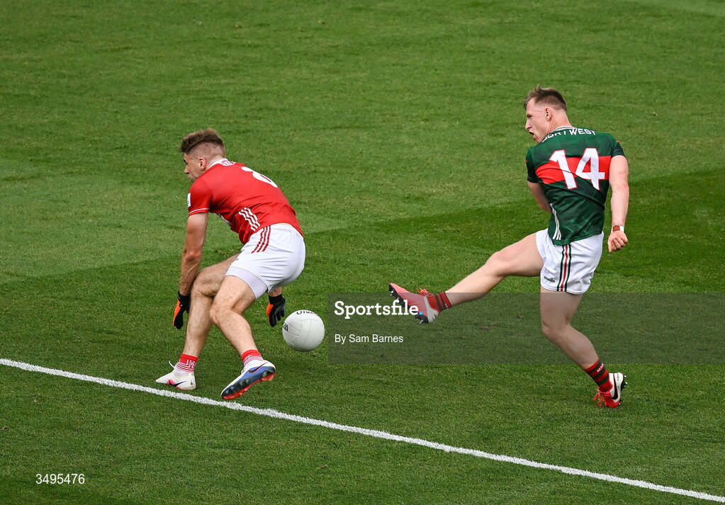 27 June 2026; Ryan O Donoghue of Mayo has a shot on goal blocked by Ian Maguire of Cork during the GAA Football All-Ireland Senior Championship quarter-final match between Cork and Mayo at Croke Park in Dublin. Photo by Sam Barnes/Sportsfile