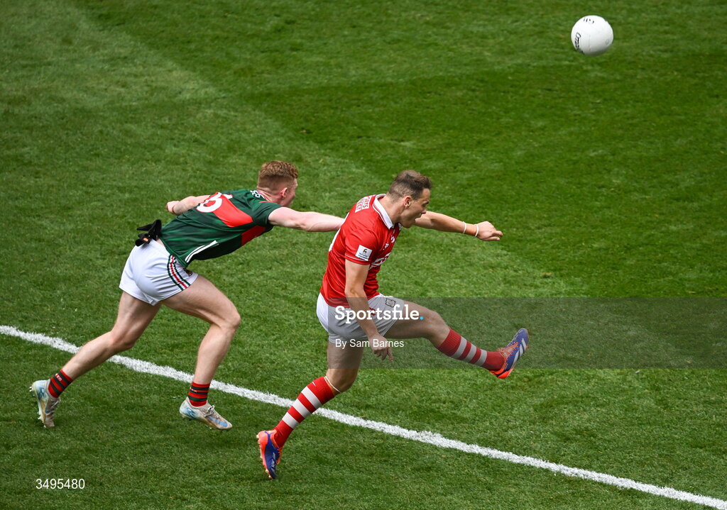 27 June 2026; Steven Sherlock of Cork in action against David McBrien of Mayo during the GAA Football All-Ireland Senior Championship quarter-final match between Cork and Mayo at Croke Park in Dublin. Photo by Sam Barnes/Sportsfile