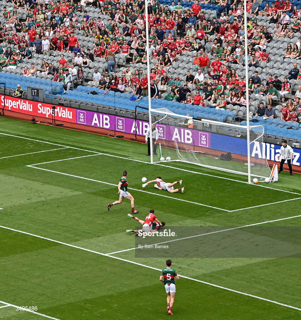 27 June 2026; Mayo goalkeeper Jack Livingstone saves the shot of Chris Óg Jones of Cork during the GAA Football All-Ireland Senior Championship quarter-final match between Cork and Mayo at Croke Park in Dublin. Photo by Sam Barnes/Sportsfile