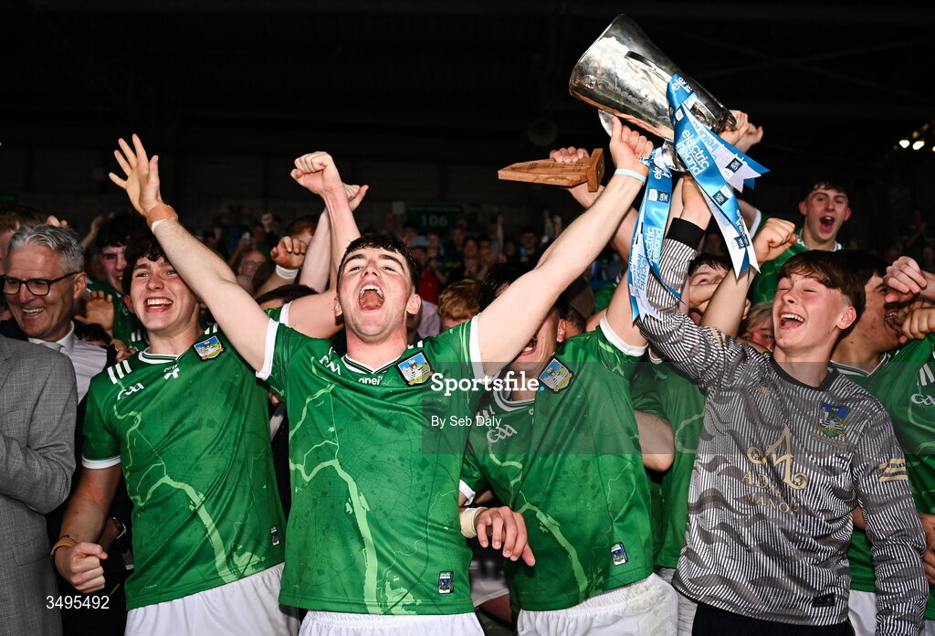 27 June 2026; Limerick captain Shane Waters lifts the Irish Press Cup after his side's victory in the Electric Ireland All-Ireland Minor Hurling Championship final match between Limerick and Tipperary at TUS Gaelic Grounds in Limerick. Photo by Seb Daly/Sportsfile