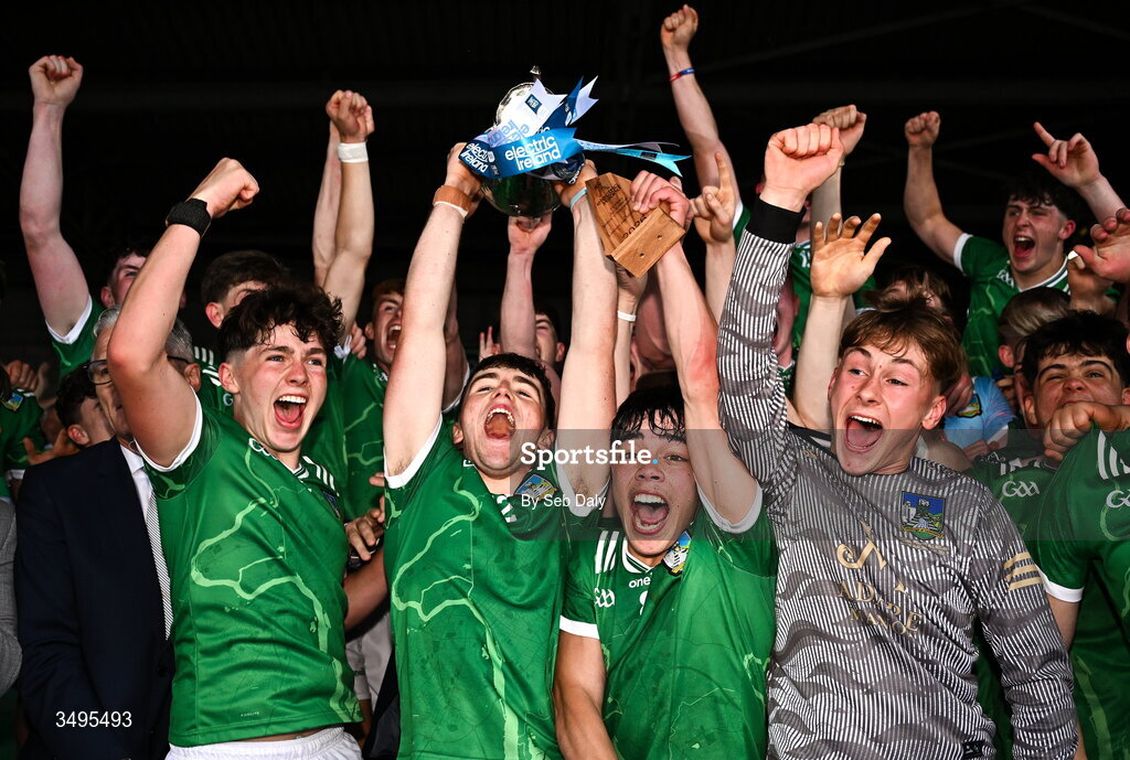27 June 2026; Limerick captain Shane Waters lifts the Irish Press Cup after his side's victory in the Electric Ireland All-Ireland Minor Hurling Championship final match between Limerick and Tipperary at TUS Gaelic Grounds in Limerick. Photo by Seb Daly/Sportsfile