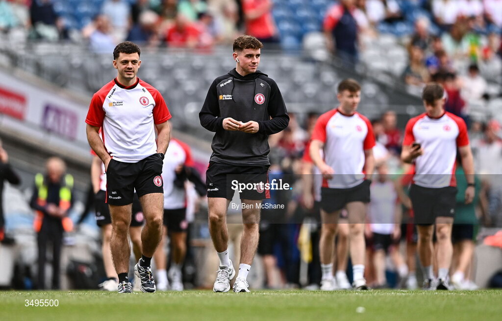 27 June 2026; Ronan Cassidy, right, and Michael Rafferty of Tyrone before the GAA Football All-Ireland Senior Championship quarter-final match between Kerry and Tyrone at Croke Park in Dublin. Photo by Ben McShane/Sportsfile