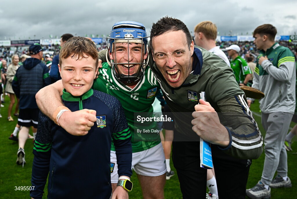 27 June 2026; Limerick captain Shane Waters celebrates with supporters after their side's victory in the Electric Ireland All-Ireland Minor Hurling Championship final match between Limerick and Tipperary at TUS Gaelic Grounds in Limerick. Photo by Seb Daly/Sportsfile
