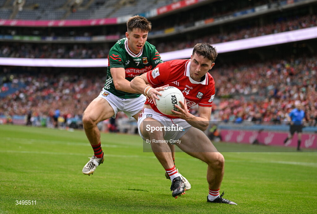 27 June 2026; Chris Óg Jones of Cork in action against Enda Hession of Mayo during the GAA Football All-Ireland Senior Championship quarter-final match between Cork and Mayo at Croke Park in Dublin. Photo by Ramsey Cardy/Sportsfile
