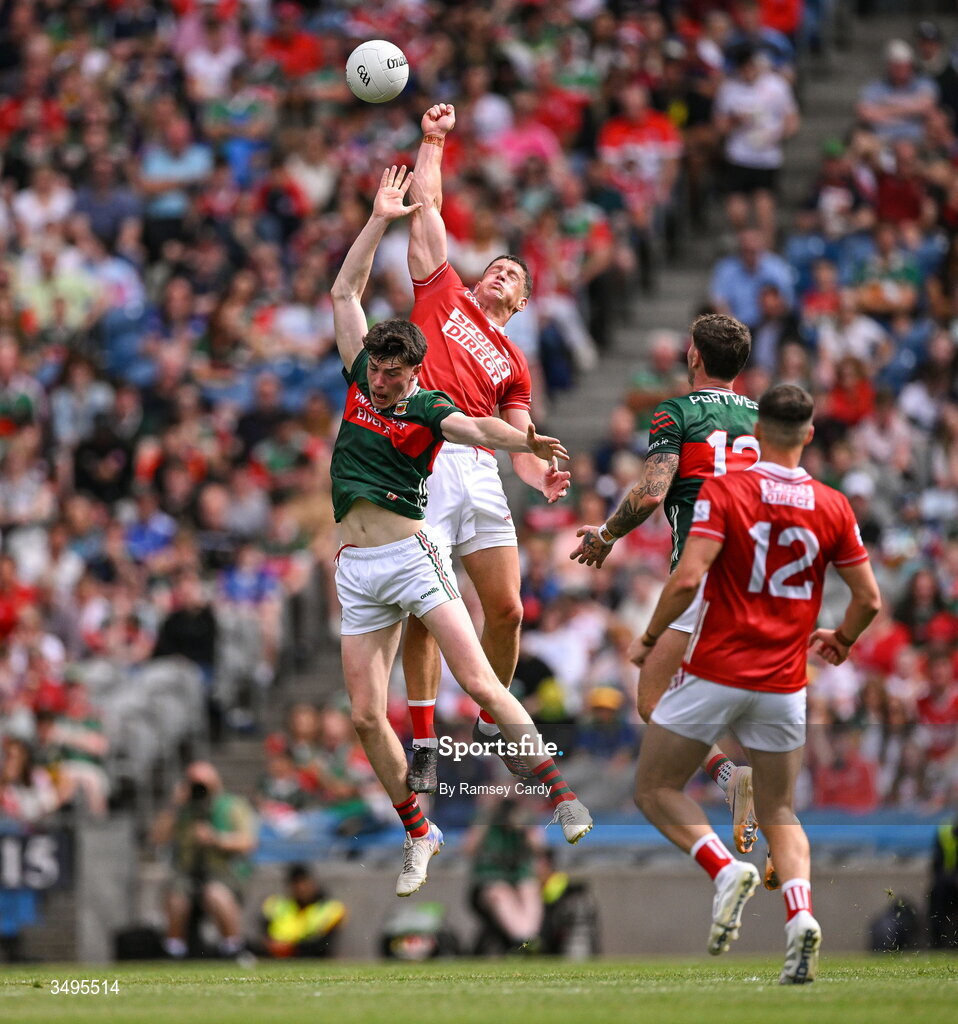 27 June 2026; Colm O'Callaghan of Cork and Bob Touhy of Mayo during the GAA Football All-Ireland Senior Championship quarter-final match between Cork and Mayo at Croke Park in Dublin. Photo by Ramsey Cardy/Sportsfile
