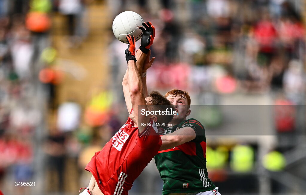 27 June 2026; Ian Maguire of Cork and Darragh Beirne of Mayo contest a high-ball during the GAA Football All-Ireland Senior Championship quarter-final match between Cork and Mayo at Croke Park in Dublin. Photo by Ben McShane/Sportsfile