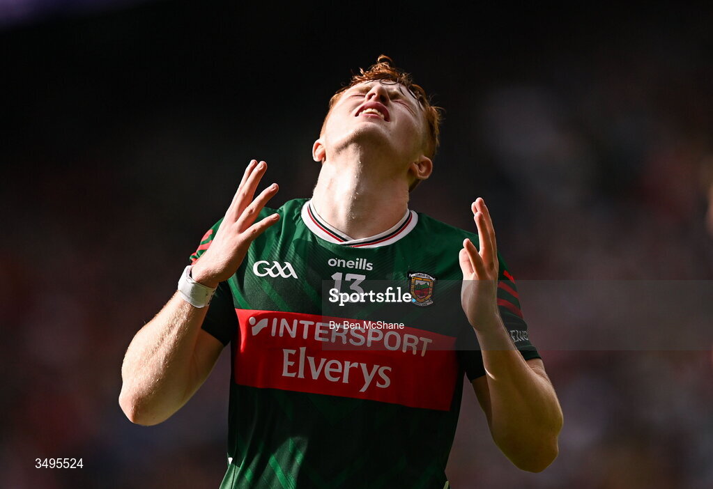 27 June 2026; Darragh Beirne of Mayo reacts during the GAA Football All-Ireland Senior Championship quarter-final match between Cork and Mayo at Croke Park in Dublin. Photo by Ben McShane/Sportsfile
