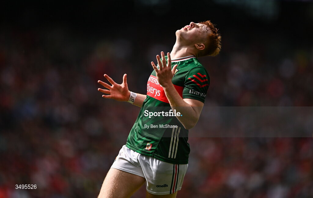27 June 2026; Darragh Beirne of Mayo reacts during the GAA Football All-Ireland Senior Championship quarter-final match between Cork and Mayo at Croke Park in Dublin. Photo by Ben McShane/Sportsfile