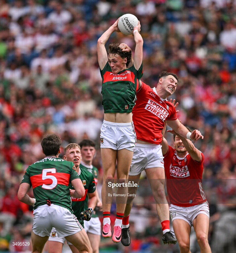 27 June 2026; Kobe McDonald of Mayo in action against Daniel O'Mahony of Cork during the GAA Football All-Ireland Senior Championship quarter-final match between Cork and Mayo at Croke Park in Dublin. Photo by Ramsey Cardy/Sportsfile