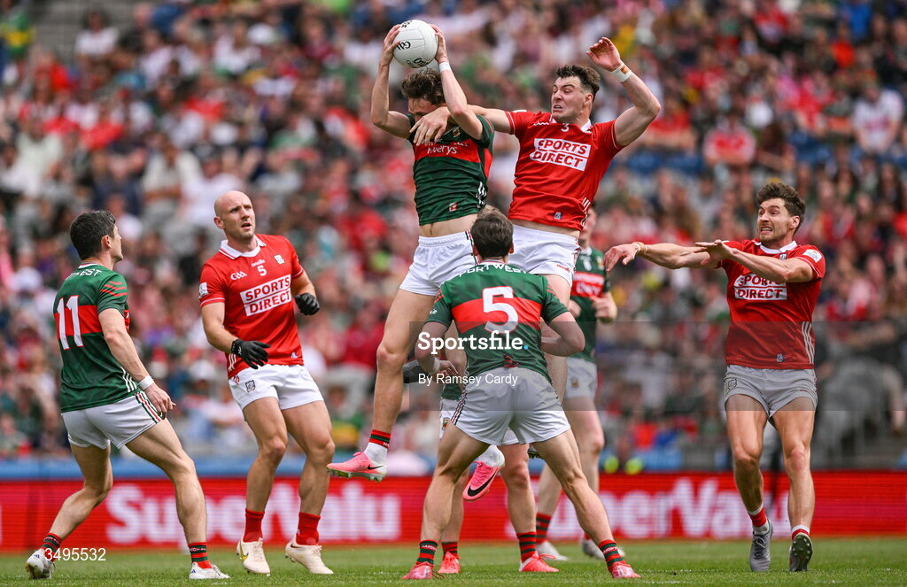 27 June 2026; Kobe McDonald of Mayo in action against Daniel O'Mahony of Cork during the GAA Football All-Ireland Senior Championship quarter-final match between Cork and Mayo at Croke Park in Dublin. Photo by Ramsey Cardy/Sportsfile