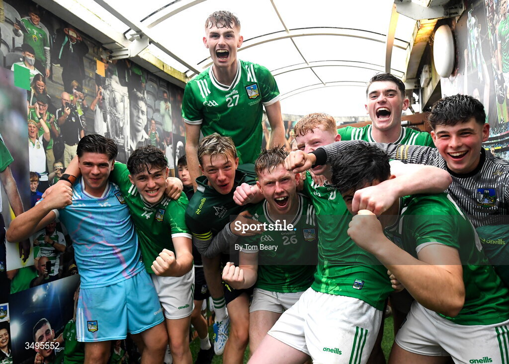 27 June 2026; Limerick players celebrate after their side's victory in the Electric Ireland All-Ireland Minor Hurling Championship final match between Limerick and Tipperary at TUS Gaelic Grounds in Limerick. Photo by Tom Beary/Sportsfile