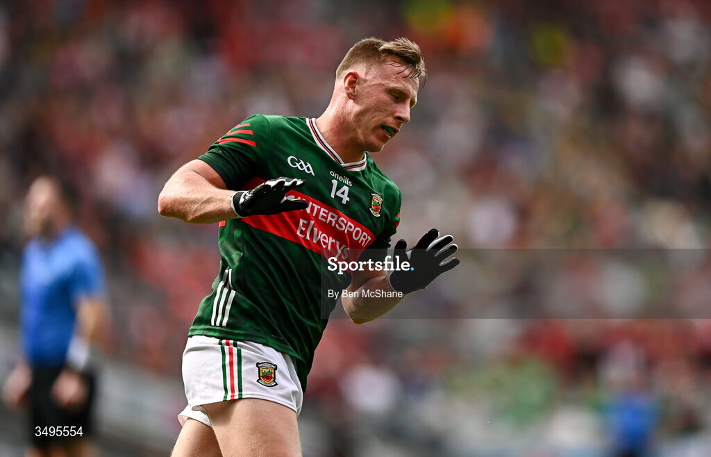 27 June 2026; Ryan O'Donoghue of Mayo after scoring a point during the GAA Football All-Ireland Senior Championship quarter-final match between Cork and Mayo at Croke Park in Dublin. Photo by Ben McShane/Sportsfile