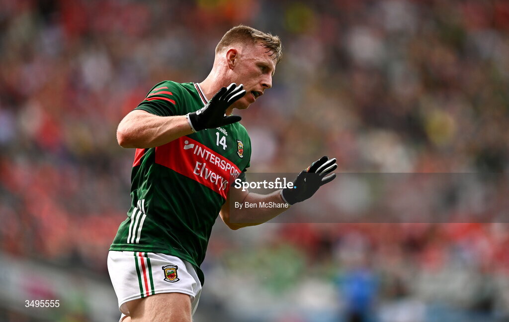 27 June 2026; Ryan O'Donoghue of Mayo after scoring a point during the GAA Football All-Ireland Senior Championship quarter-final match between Cork and Mayo at Croke Park in Dublin. Photo by Ben McShane/Sportsfile
