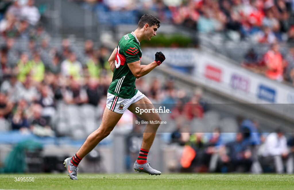 27 June 2026; Tommy Conroy of Mayo celebrates after kicking a point during the GAA Football All-Ireland Senior Championship quarter-final match between Cork and Mayo at Croke Park in Dublin. Photo by Ben McShane/Sportsfile