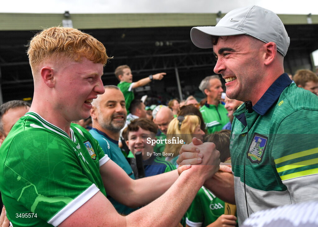 27 June 2026; Diarmuid Crowe of Limerick celebrates with selector Brian Sexton after their side's victory in the Electric Ireland All-Ireland Minor Hurling Championship final match between Limerick and Tipperary at TUS Gaelic Grounds in Limerick. Photo by Tom Beary/Sportsfile