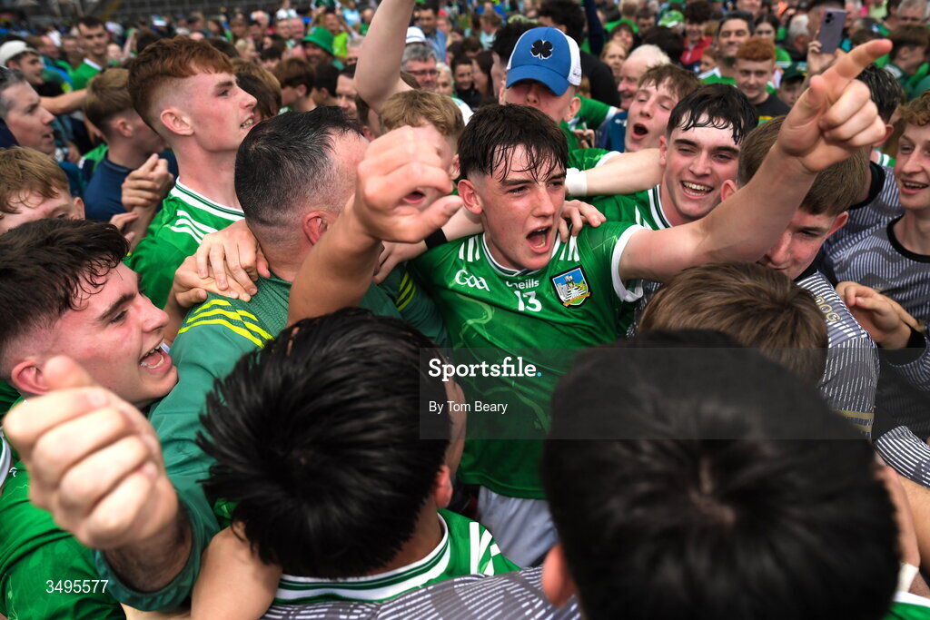 27 June 2026; Eamon O'Sullivan of Limerick celebrates with supporters after his side's victory in the Electric Ireland All-Ireland Minor Hurling Championship final match between Limerick and Tipperary at TUS Gaelic Grounds in Limerick. Photo by Tom Beary/Sportsfile
