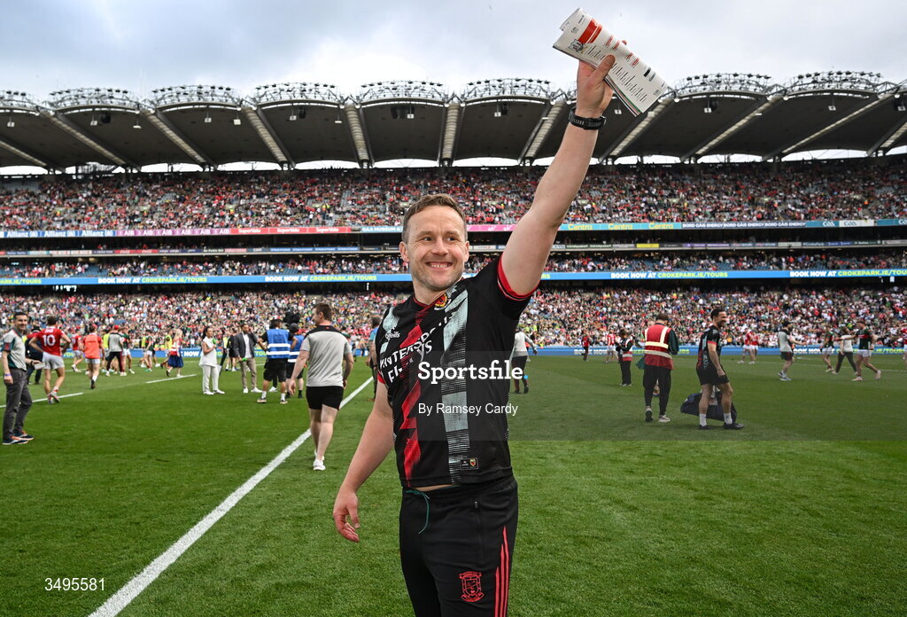 27 June 2026; Mayo manager Andy Moran celebrates after the GAA Football All-Ireland Senior Championship quarter-final match between Cork and Mayo at Croke Park in Dublin. Photo by Ramsey Cardy/Sportsfile