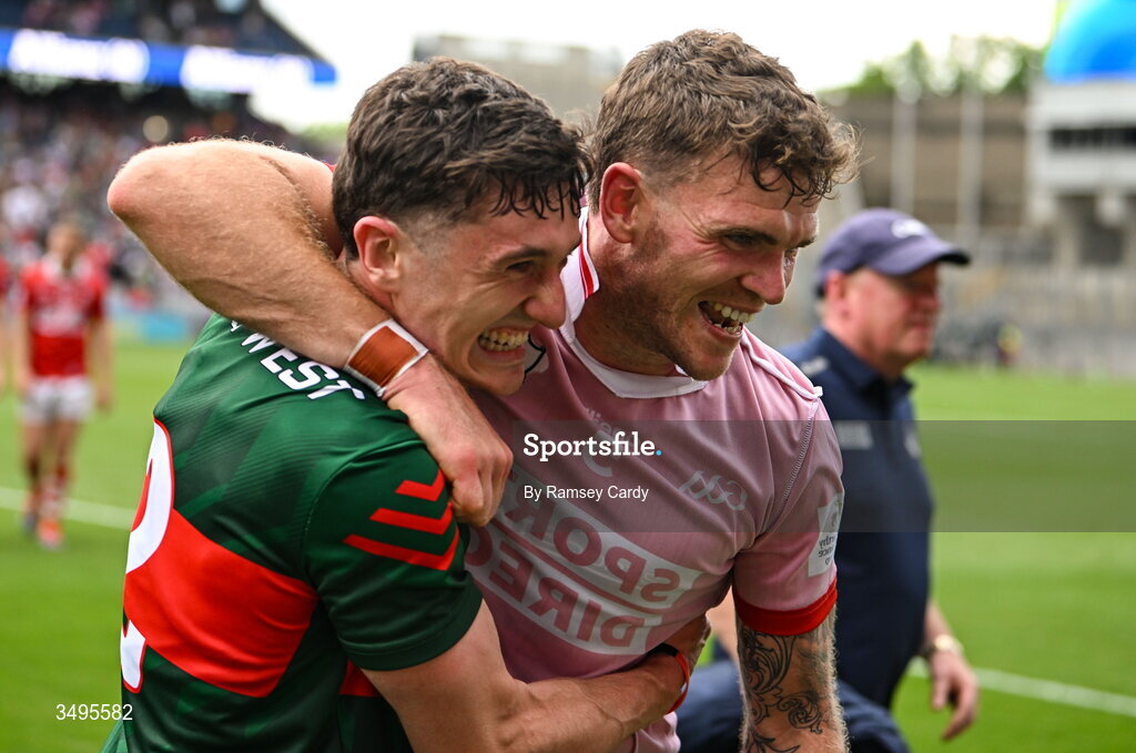 27 June 2026; Jack Coyne, left, and Jordan Flynn of Mayo celebrate after the GAA Football All-Ireland Senior Championship quarter-final match between Cork and Mayo at Croke Park in Dublin. Photo by Ramsey Cardy/Sportsfile