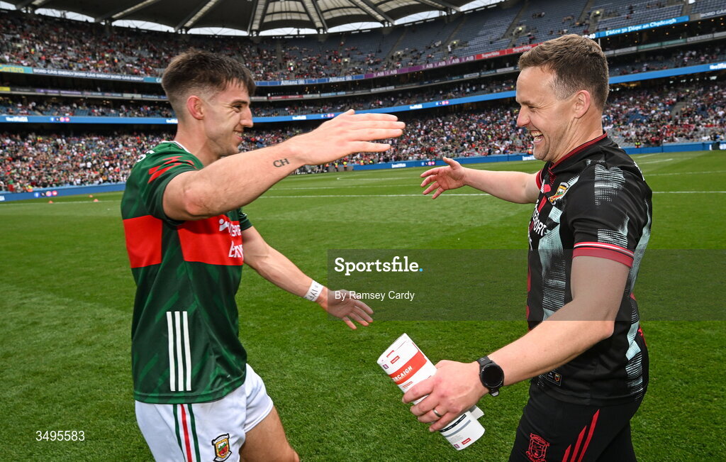 27 June 2026; Mayo manager Andy Moran, right, and Enda Hession of Mayo after the GAA Football All-Ireland Senior Championship quarter-final match between Cork and Mayo at Croke Park in Dublin. Photo by Ramsey Cardy/Sportsfile