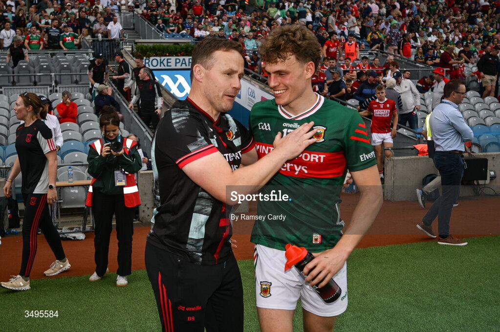 27 June 2026; Mayo manager Andy Moran, left, and Diarmuid Duffy of Mayo after the GAA Football All-Ireland Senior Championship quarter-final match between Cork and Mayo at Croke Park in Dublin. Photo by Ramsey Cardy/Sportsfile