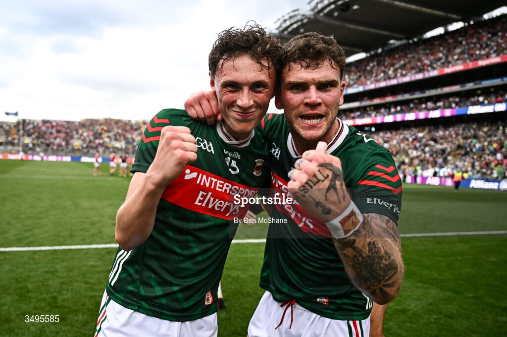 27 June 2026; Kobe McDonald, left, and Jordan Flynn of Mayo celebrate after the GAA Football All-Ireland Senior Championship quarter-final match between Cork and Mayo at Croke Park in Dublin. Photo by Ben McShane/Sportsfile