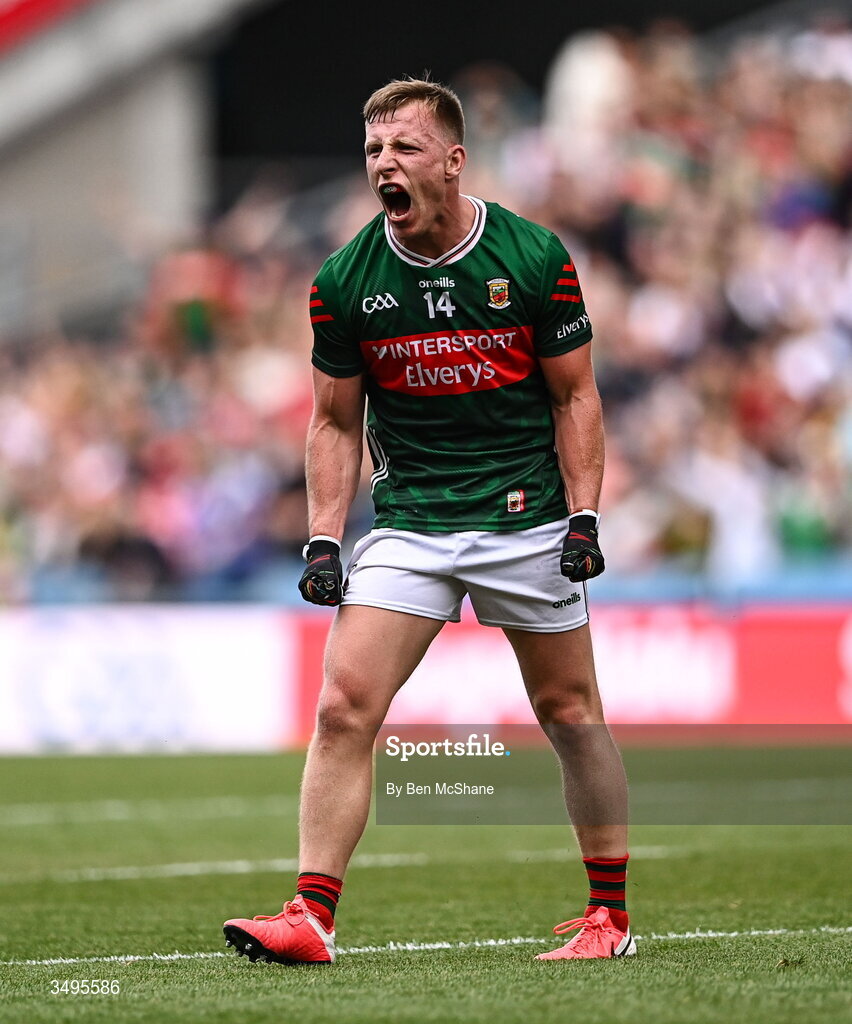 27 June 2026; Ryan O Donoghue of Mayo celebrates at the final whistle of the GAA Football All-Ireland Senior Championship quarter-final match between Cork and Mayo at Croke Park in Dublin. Photo by Ben McShane/Sportsfile