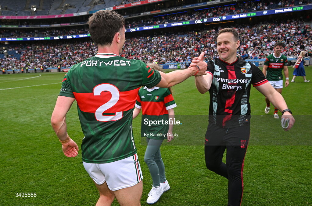 27 June 2026; Mayo manager Andy Moran, right, and Jack Coyne of Mayo after the GAA Football All-Ireland Senior Championship quarter-final match between Cork and Mayo at Croke Park in Dublin. Photo by Ramsey Cardy/Sportsfile